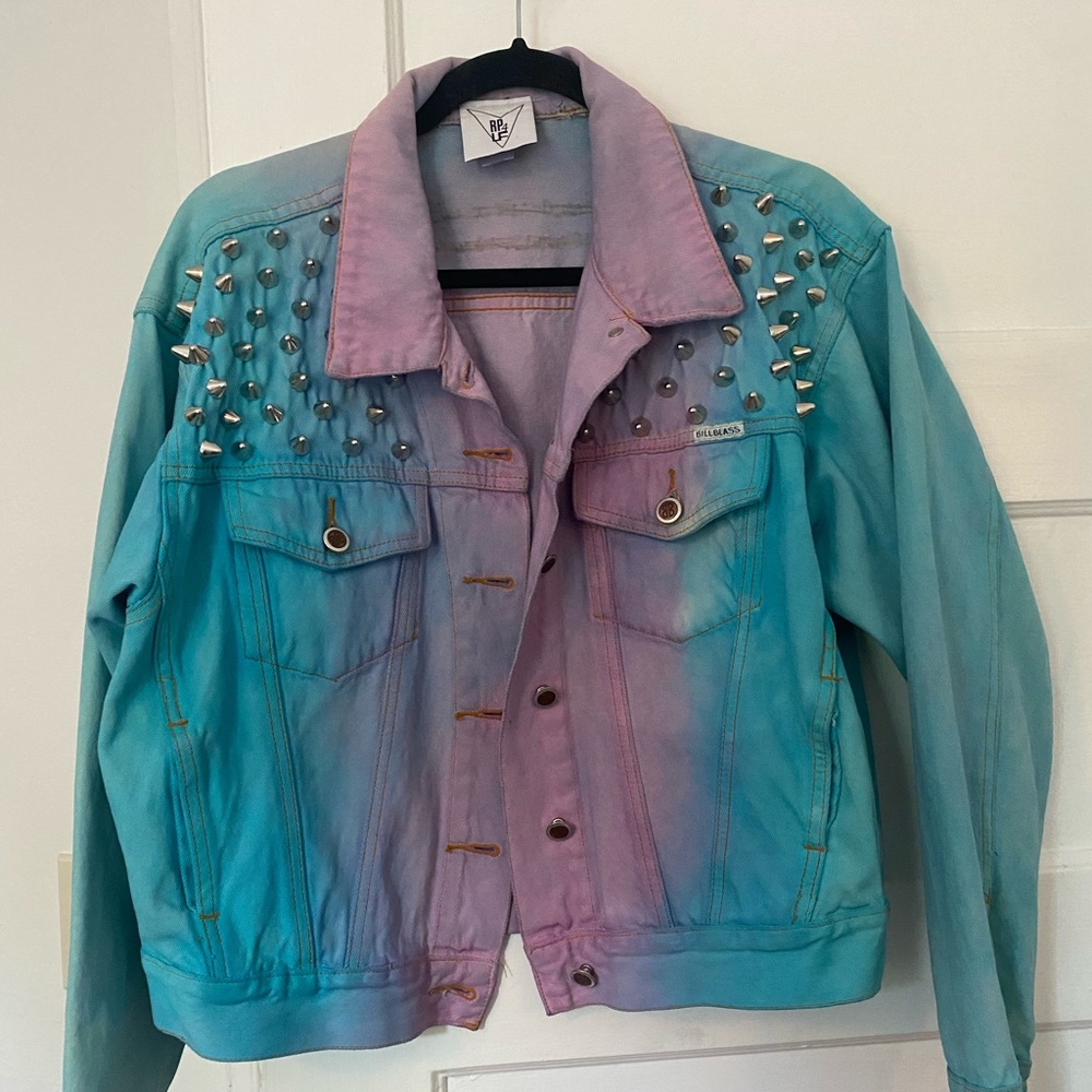 Cotton-candy purple pink blue edgy jean jacket with studs / spikes to rock!